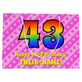 43誕生日:ピンクストライプのハート、レインボー# 43 ラージペーパーバッグ (裏面)