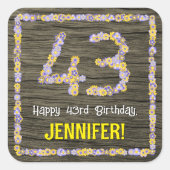43誕生日:フローラ番号、フェイク木目、名前 スクエアシール (正面)