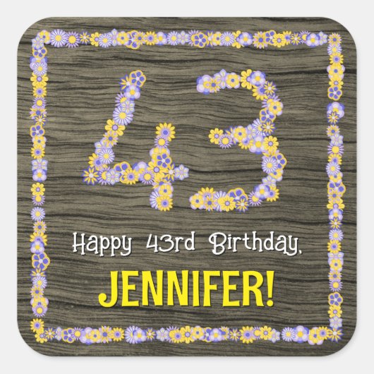 43誕生日:フローラ番号、フェイク木目、名前 スクエアシール (正面)