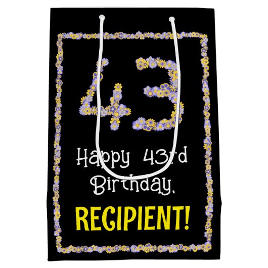 43誕生日:フローラ花数名前をカスタムする ミディアムペーパーバッグ (裏面)