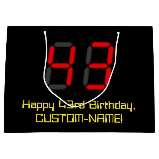 43誕生日:レッドデジタルクロックスタイル"43" +名前 ラージペーパーバッグ (正面)