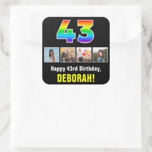 43誕生日: Rainbow "43";写真カスタムと名前 スクエアシール