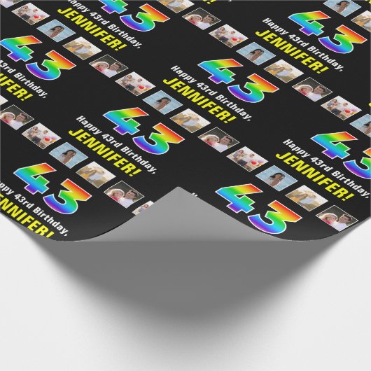 43誕生日: Rainbow "43";写真カスタムと名前 ラッピングペーパー (角)