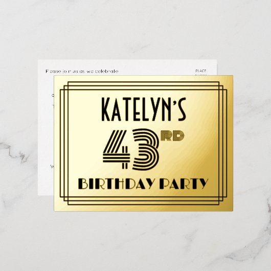 43rd誕生日パーティー~アールデコスタイル「43」 +名前 箔招待状ポストカード (正面/裏面)