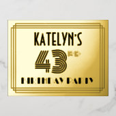 43rd誕生日パーティー~アールデコスタイル「43」 +名前 箔招待状ポストカード (正面)
