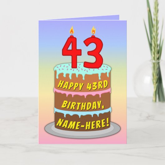 43rd Birthday — Fun Cake & Candles, w/ Custom Name カード (正面)