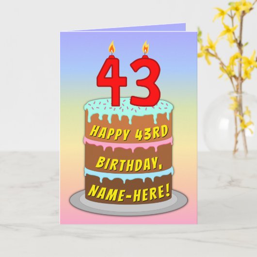 43rd Birthday — Fun Cake & Candles, w/ Custom Name カード (黄色い花)