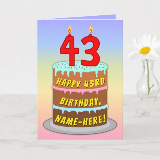 43rd Birthday — Fun Cake & Candles, w/ Custom Name カード (小さな植物)