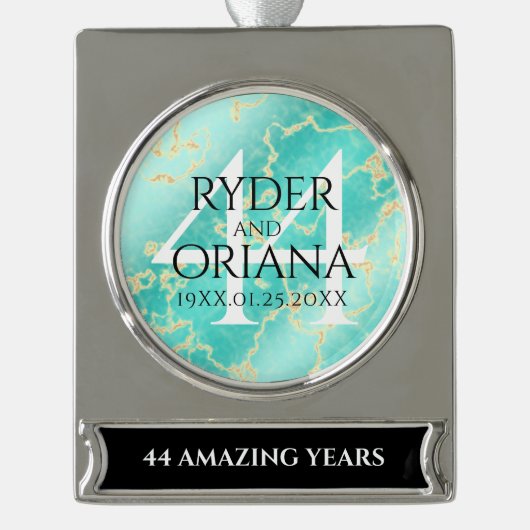 44エレガントターコイズ結婚記念日 シルバープレートバナーオーナメント (正面)