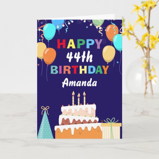 44位のハッピーバースデーバルーンズケーキネービーブルー カード (黄色い花)
