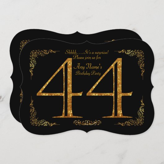 44日,誕生会44日,ギャツビー,ブ素晴らしラック&金ゴールド 招待状 (正面/裏面)
