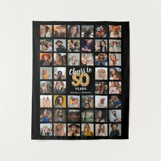 44枚の写真のコラージュ 50歳の誕生日 タペストリー (正面)