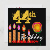 44歳の誕生日 ゴールドキャンドルとバルーンメタリック 招待状 (正面/裏面)