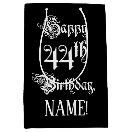 44番目の誕生日: ファンシー、スクリプエレガントト+名前をカスタムする ミディアムペーパーバッグ (正面)