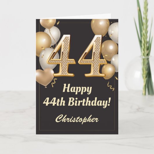 44誕生日ブラックおよび金ゴールドバルーン紙吹雪 カード (正面)