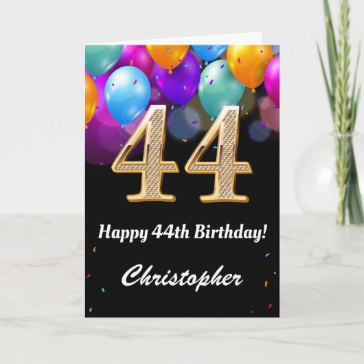 44誕生日黒と金ゴールドの吹きカラフル出し カード (正面)