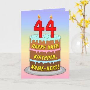 44誕生日—おもしろいケーキ&ろうそく、名前をカスタムする付き カード