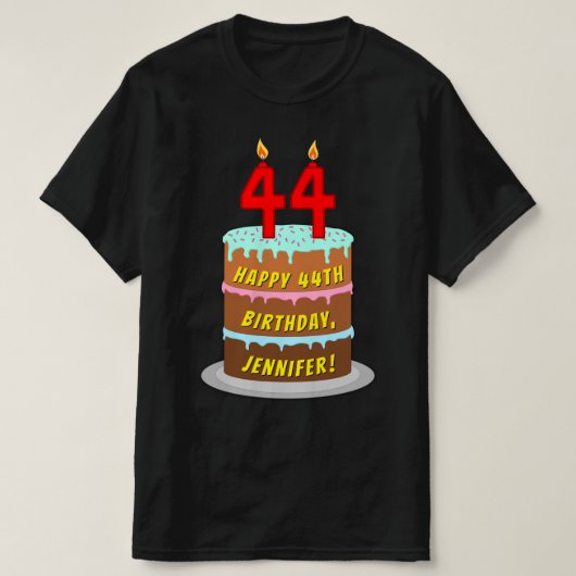 44誕生日—おもしろいケーキ&ろうそく、名前をカスタムする付き Tシャツ (デザイン正面)