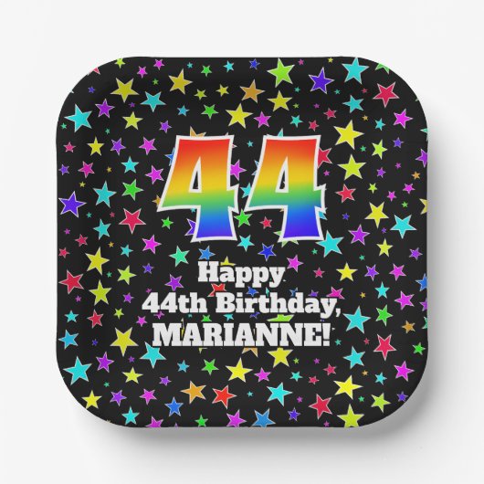 44誕生日:おもしろいスター柄と虹"44" ペーパープレート (正面)
