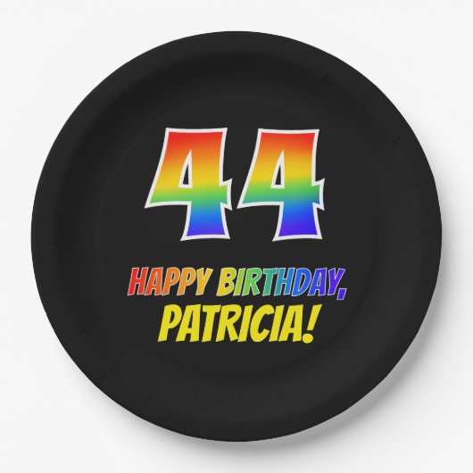 44誕生日:はっきりした,おもしろい,シンプル虹, 44 ペーパープレート (正面)