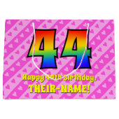 44誕生日:ピンクストライプのハート、レインボー# 44 ラージペーパーバッグ (正面)
