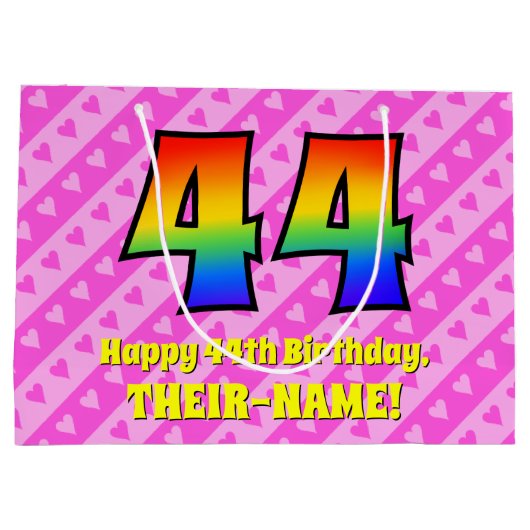 44誕生日:ピンクストライプのハート、レインボー# 44 ラージペーパーバッグ (裏面)