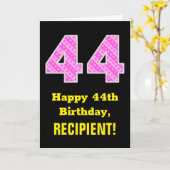 44誕生日：ピンクストライプ色のハートと"44" +名前 カード (黄色い花)