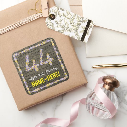 44誕生日:フローラ番号フェイク、木目、名前 スクエアシール (ギフト)