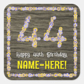 44誕生日:フローラ番号フェイク、木目、名前 スクエアシール (正面)