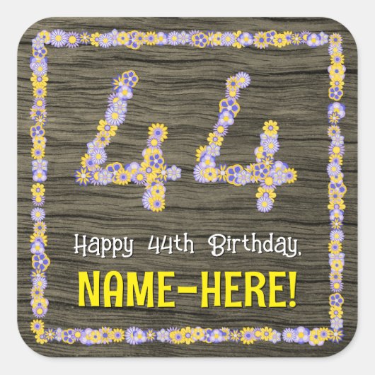 44誕生日:フローラ番号フェイク、木目、名前 スクエアシール (正面)