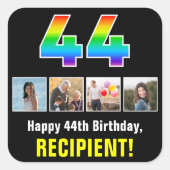 44誕生日：レインボー「44」、写真カスタムと名前 スクエアシール (正面)