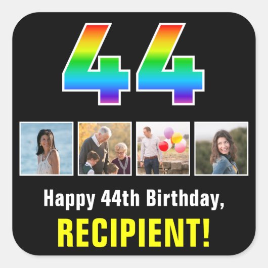 44誕生日：レインボー「44」、写真カスタムと名前 スクエアシール (正面)