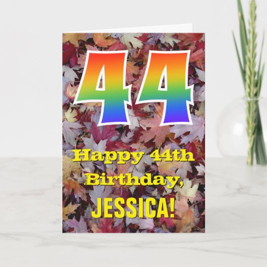 44誕生日、素朴紅葉、レインボー「44」 カード (正面)
