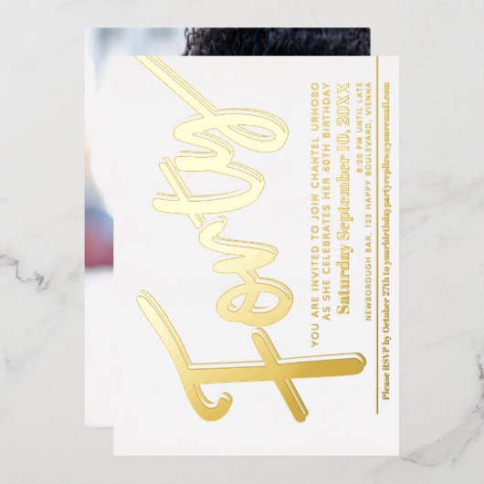 440歳の誕生日パーティー白と金ゴールドスクリプト 箔招待状 (正面/裏面)