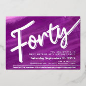 440歳の誕生日パーティー紫のアート金ゴールドスクリプト 箔招待状 (正面)