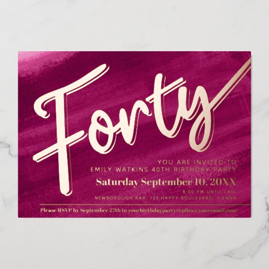 440歳の誕生日パーティー赤ピンクのアートスクリプト 箔招待状 (正面)