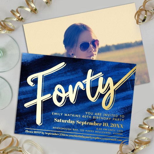 440th誕生日パーティーブルーアート金ゴールドスクリプト 箔招待状