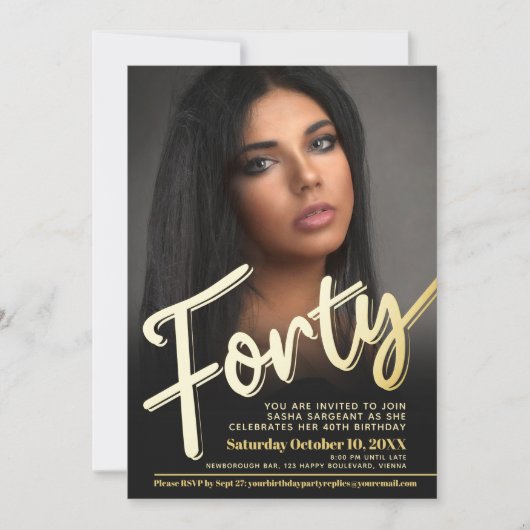 440th誕生日フォトスクリプトのフラット金ゴールド色 招待状 (正面)