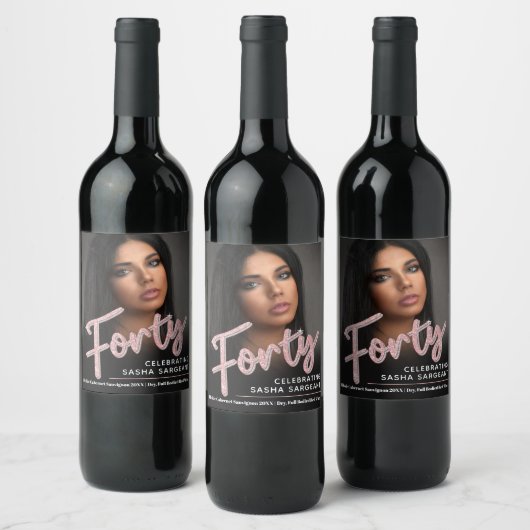 440th誕生日フォトスクリプトグリッターピンク ワインラベル (ボトル)