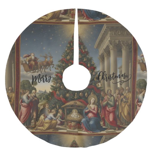 44" Nativity Santa Christmas Tree Skirt ブラッシュドポリエステルツリースカート (正面)