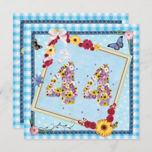 44th誕生日パーティー招待の花、蝶 招待状 (正面/裏面)