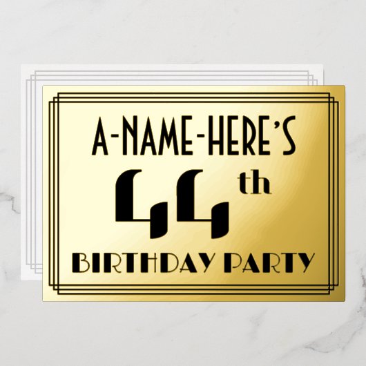 44th誕生日パーティー：アールデコの外観"44"と名前 箔招待状 (正面/裏面)