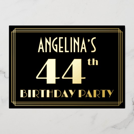 44th誕生日パーティー:アールデコ見る"44",名前と 箔招待状 (正面)