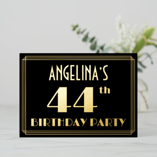 44th誕生日パーティー:アールデコ見る"44",名前と 箔招待状 (立ち正面)