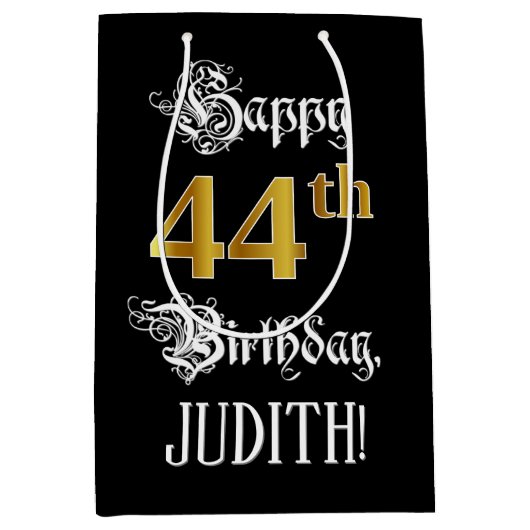 44th Birthday ~ Fancy Script; Faux Gold Look; Name ミディアムペーパーバッグ (正面)