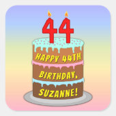 44th Birthday: Fun Cake and Candles + Custom Name スクエアシール (正面)