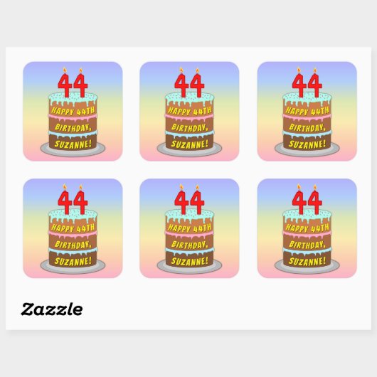 44th Birthday: Fun Cake and Candles + Custom Name スクエアシール (シート)
