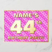 44th Birthday Party —おもしろいピンクのハートとストライプ 箔招待状 (正面)
