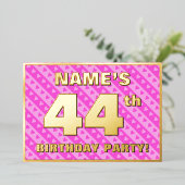 44th Birthday Party —おもしろいピンクのハートとストライプ 箔招待状 (立ち正面)