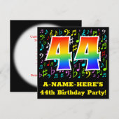 44th Birthday Party:おもしろいミュージックシンボルRainbow 44 招待状 (正面/裏面)